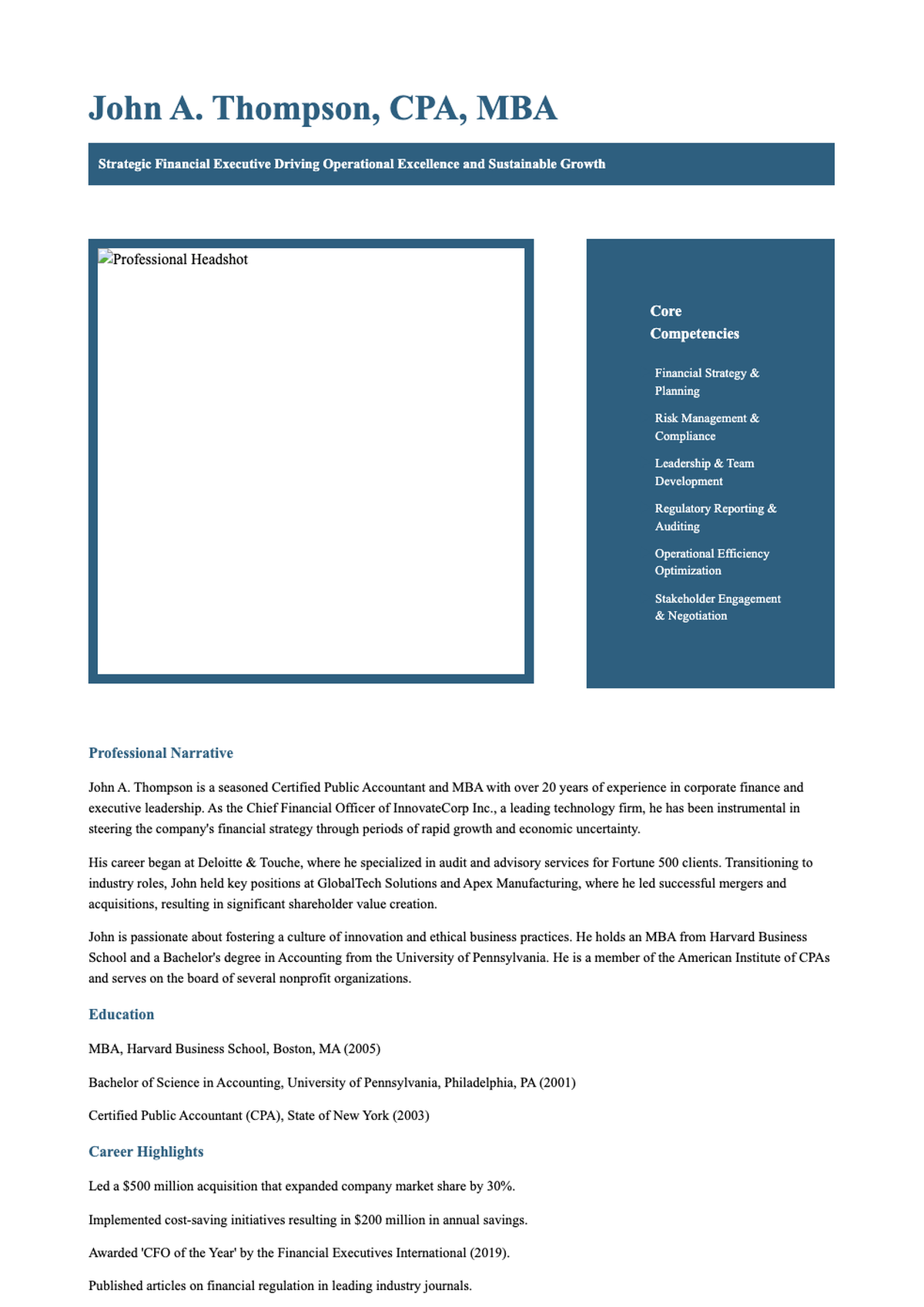 Professional executive resume with blue sidebar and core competencies_variant_2